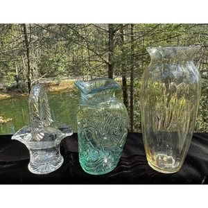 Lot 3 Glass Vases Etched Basket Light Blue & Amber Made In Mexico -A35
